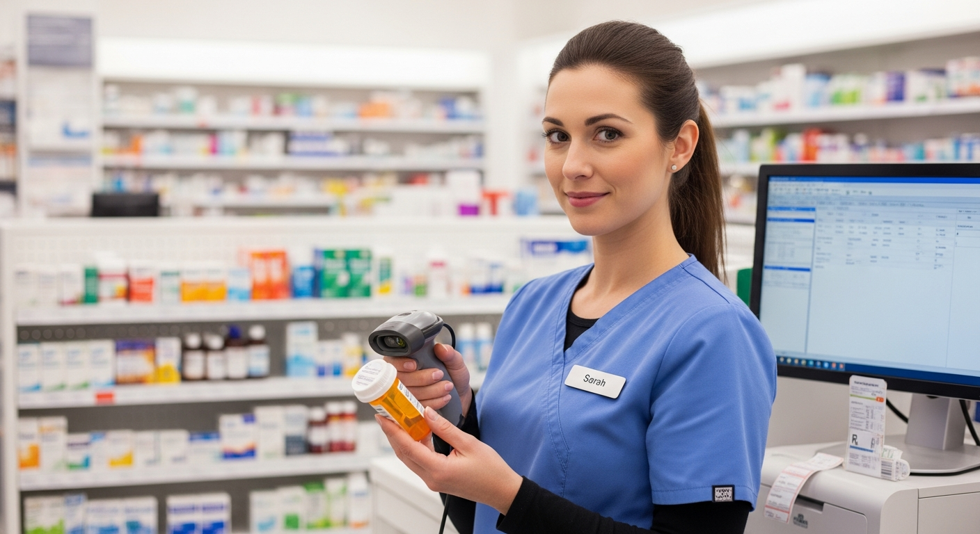 Pharmacy tech scanning a prescription in the pharmacy
