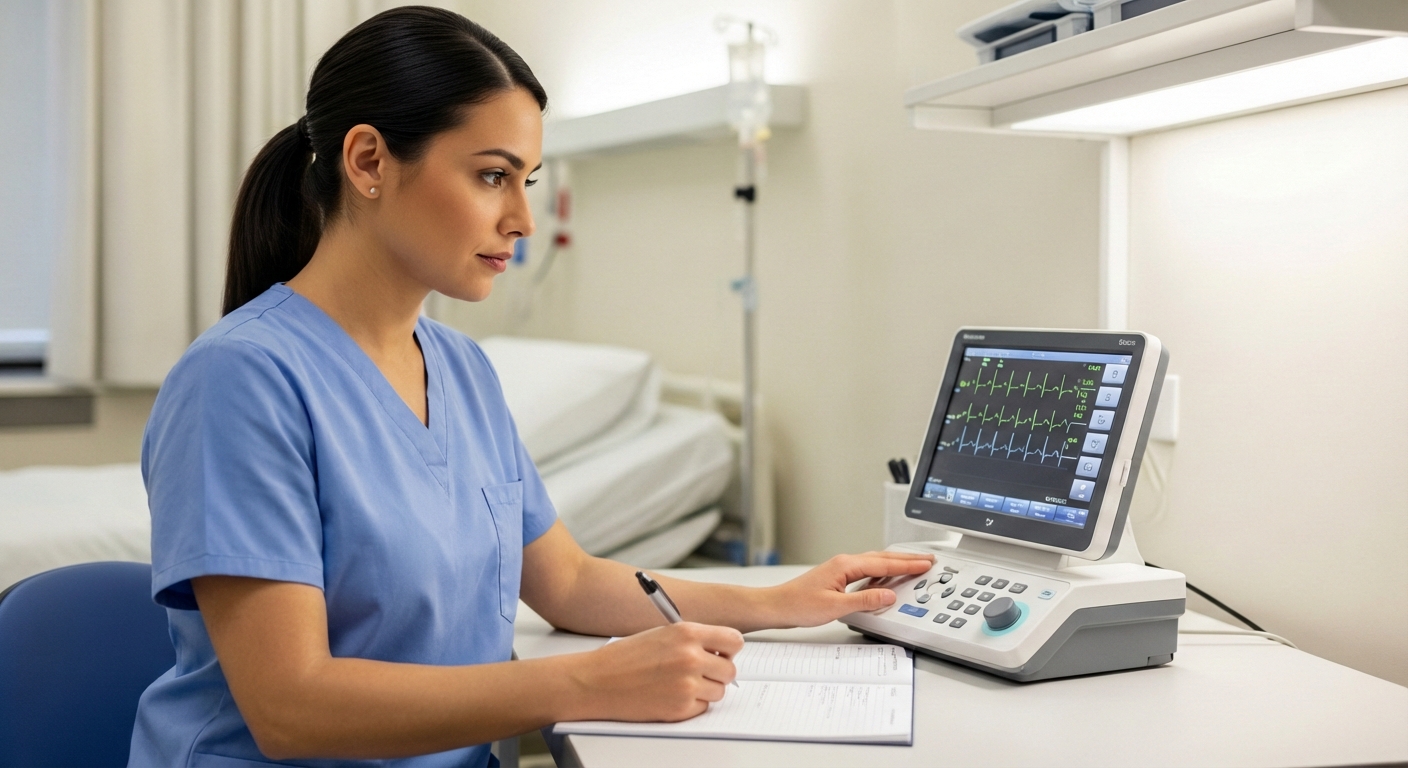 Female medical assistant in blue scrubs reviewing an EKG and taking notes on a notebook