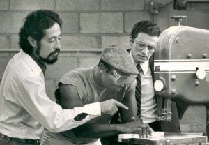 Teachers and students at Bidwell Training Center in 1969 in a trades class
