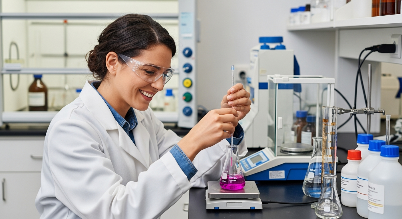 Smiling lab technician in safety goggles using a pipette to mix a bright pink solution in a beaker at a laboratory workstation with scientific equipment.