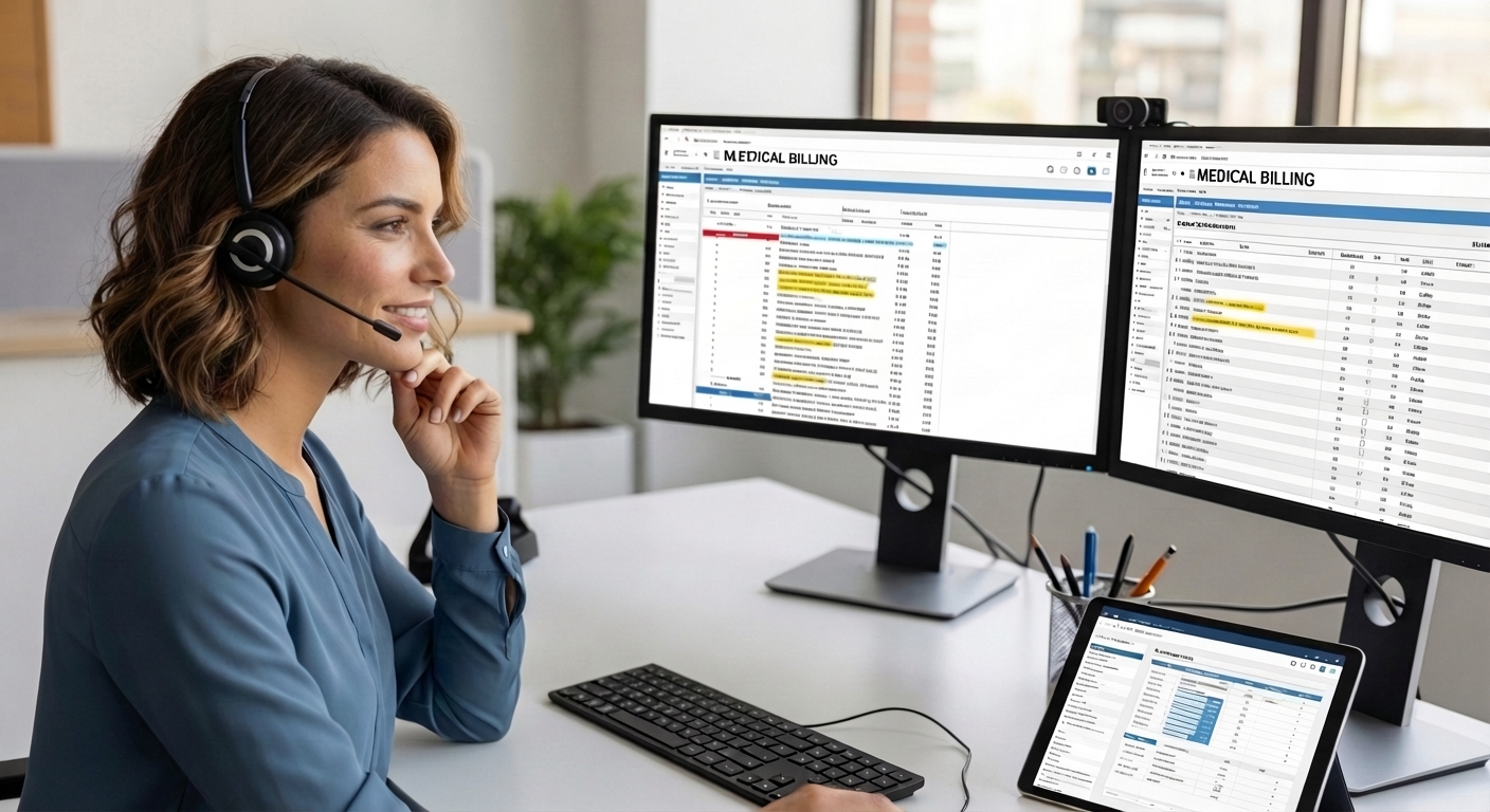 Professional working at a desk wearing a headset while reviewing medical billing information across two computer monitors and a tablet in a bright office setting.