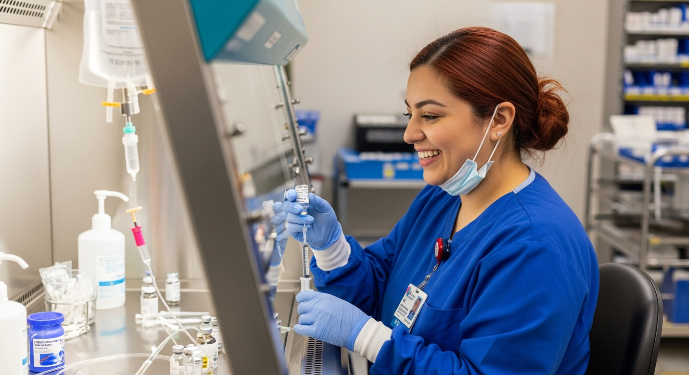 Smiling pharmacy technician in blue scrubs preparing medication with a syringe in a clean clinical workspace, surrounded by vials, IV supplies, and medical equipment.